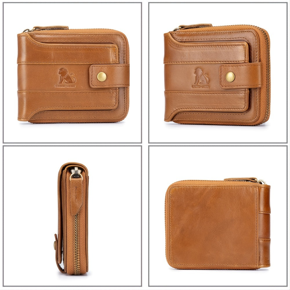 Men's Retro Genuine Leather Multi-Card Wallet with Zip, Large Capacity, Anti-Theft