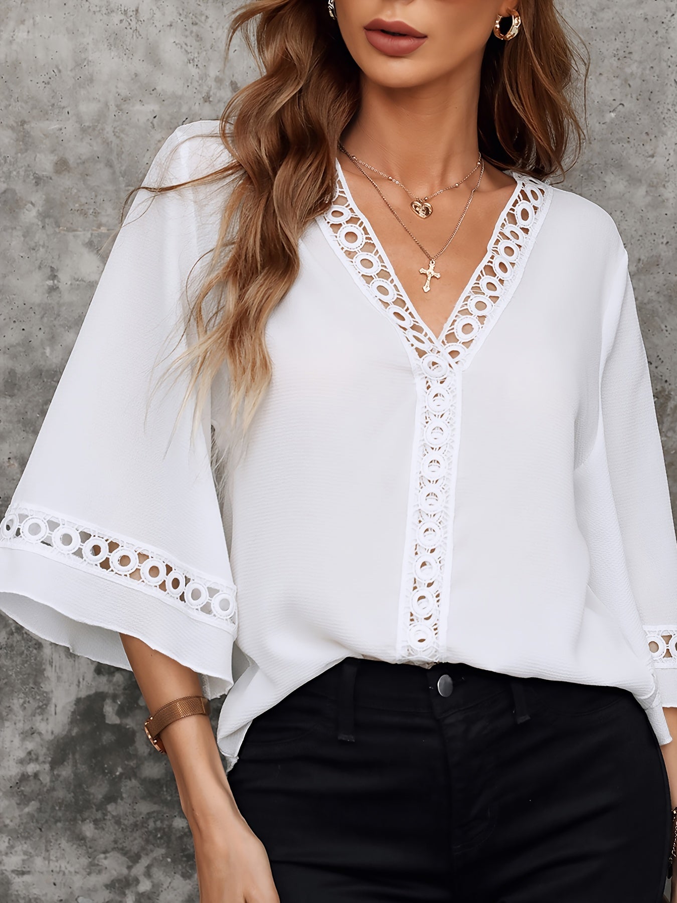 Vibrant 3/4 Sleeve V Neck T-Shirt - Soft Slight Stretch Polyester Fabric, Casual Solid Color Design for Spring & Summer - Regular Length, No Printing, Micro Elasticity, and Woven Construction
