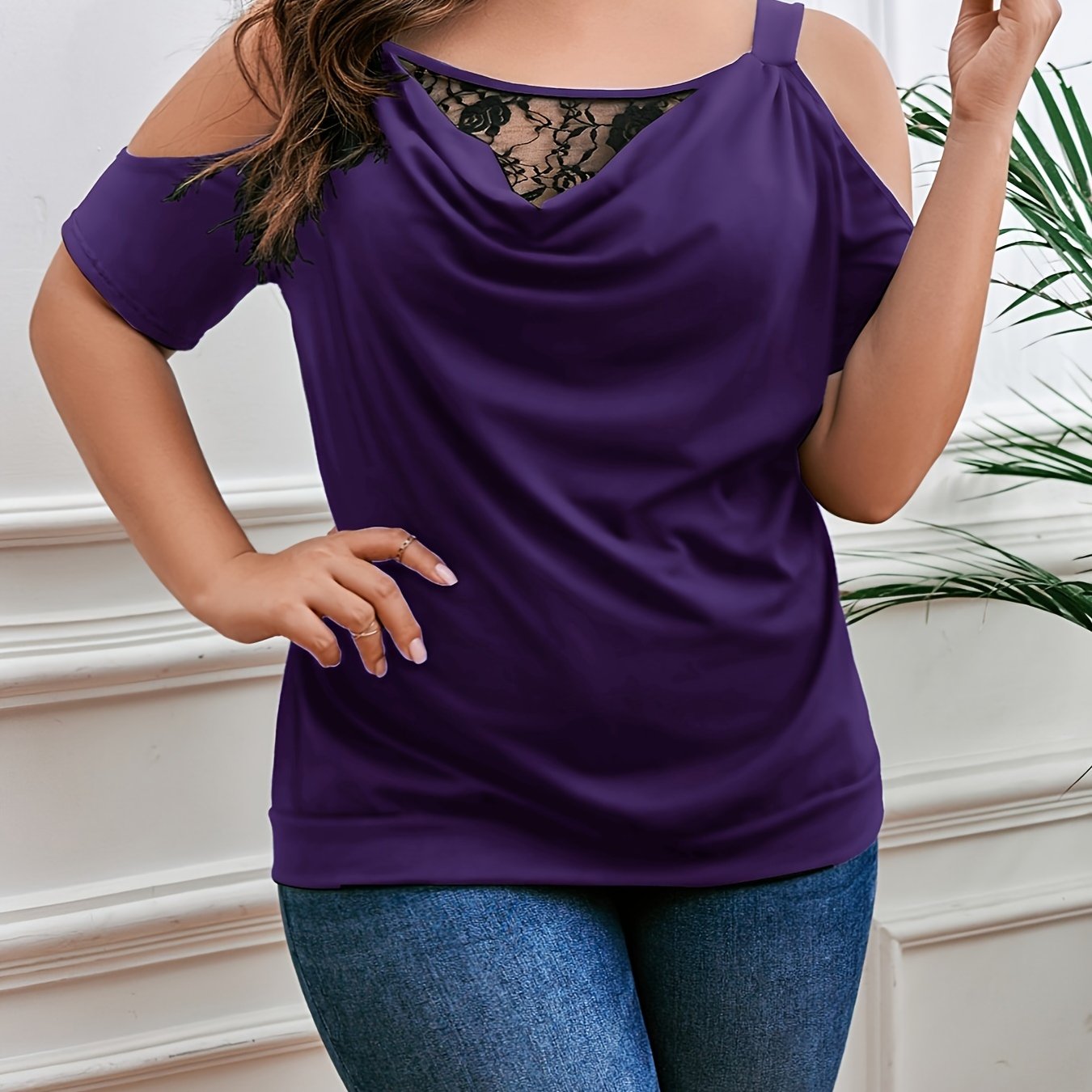 Plus Size Elegant T-shirt - Flattering Fit, Trendy Cold Shoulder, Exquisite Lace Trim, Chic Cowl Neck, Ruched Details for a Slimming Effect - Designed for Women