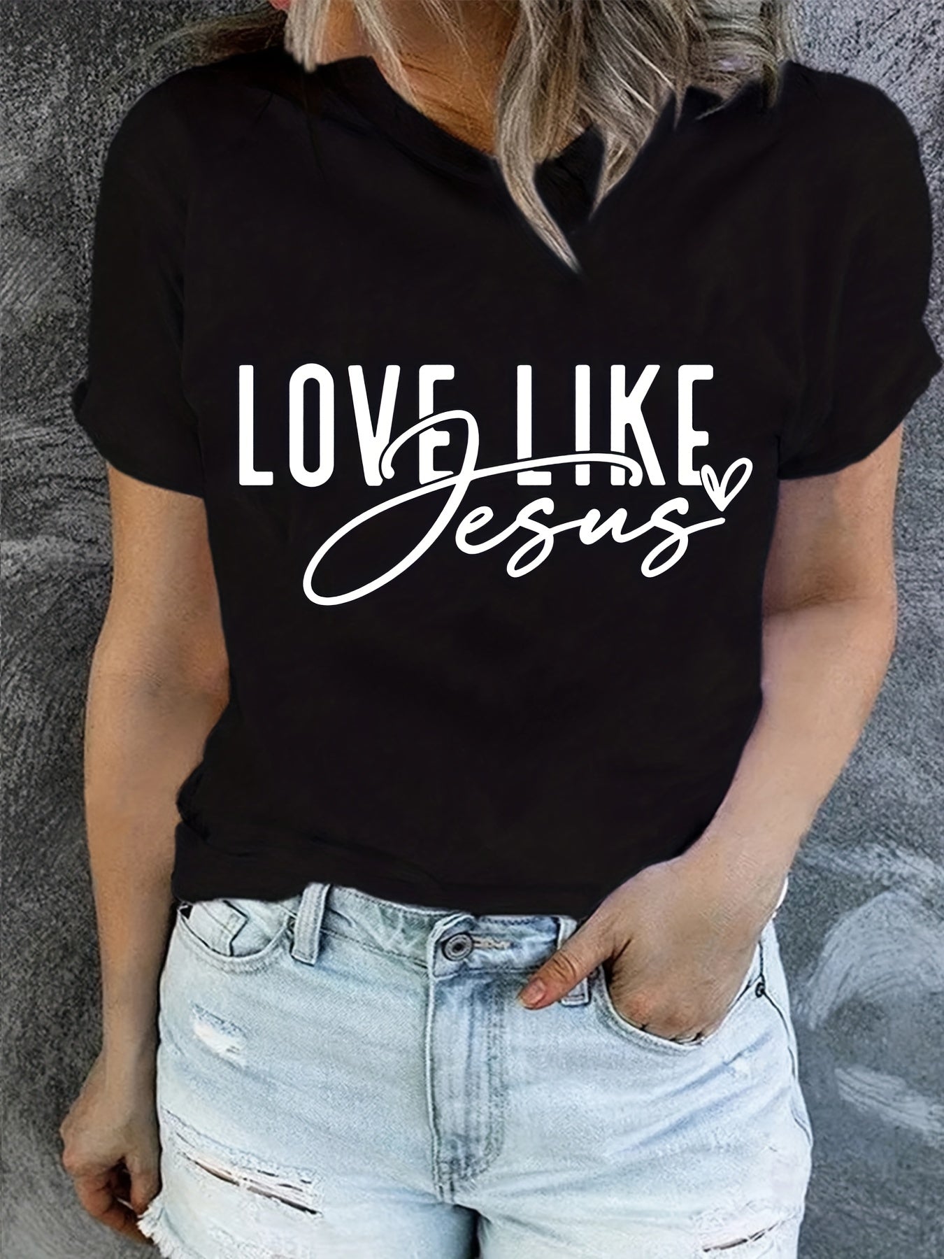 Love Like Jesus Print T-Shirt, Short Sleeve Crew Neck Casual Top For Summer & Spring, Women's Clothing