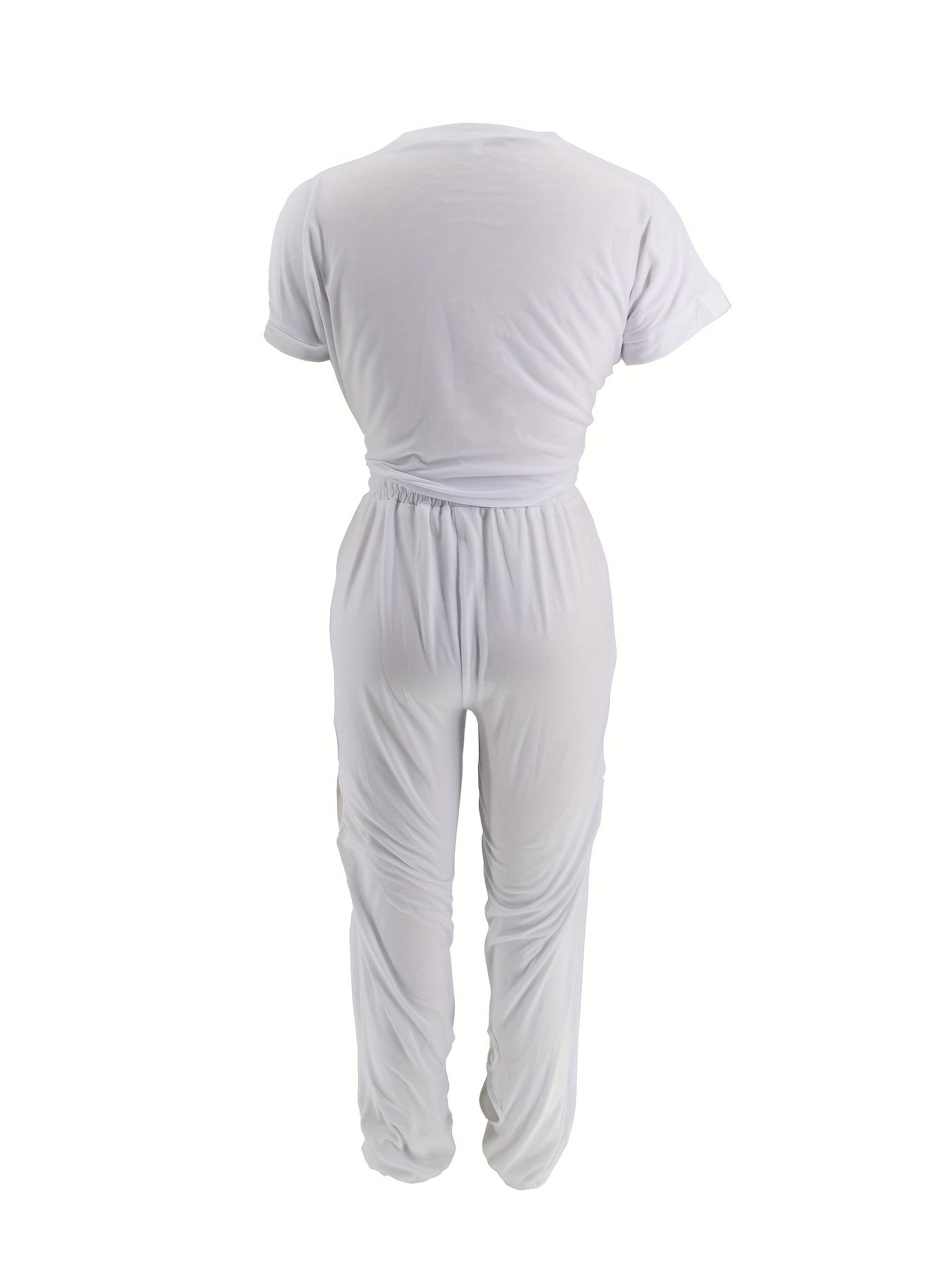 Two-Piece Casual Outfit Set - Crew Neck Short Sleeve Tie Front T-Shirt & High Waist Cut Out Clover Pants - Solid Color, Mid Elasticity, Machine Washable, Polyester Material, Spring/Summer Wear