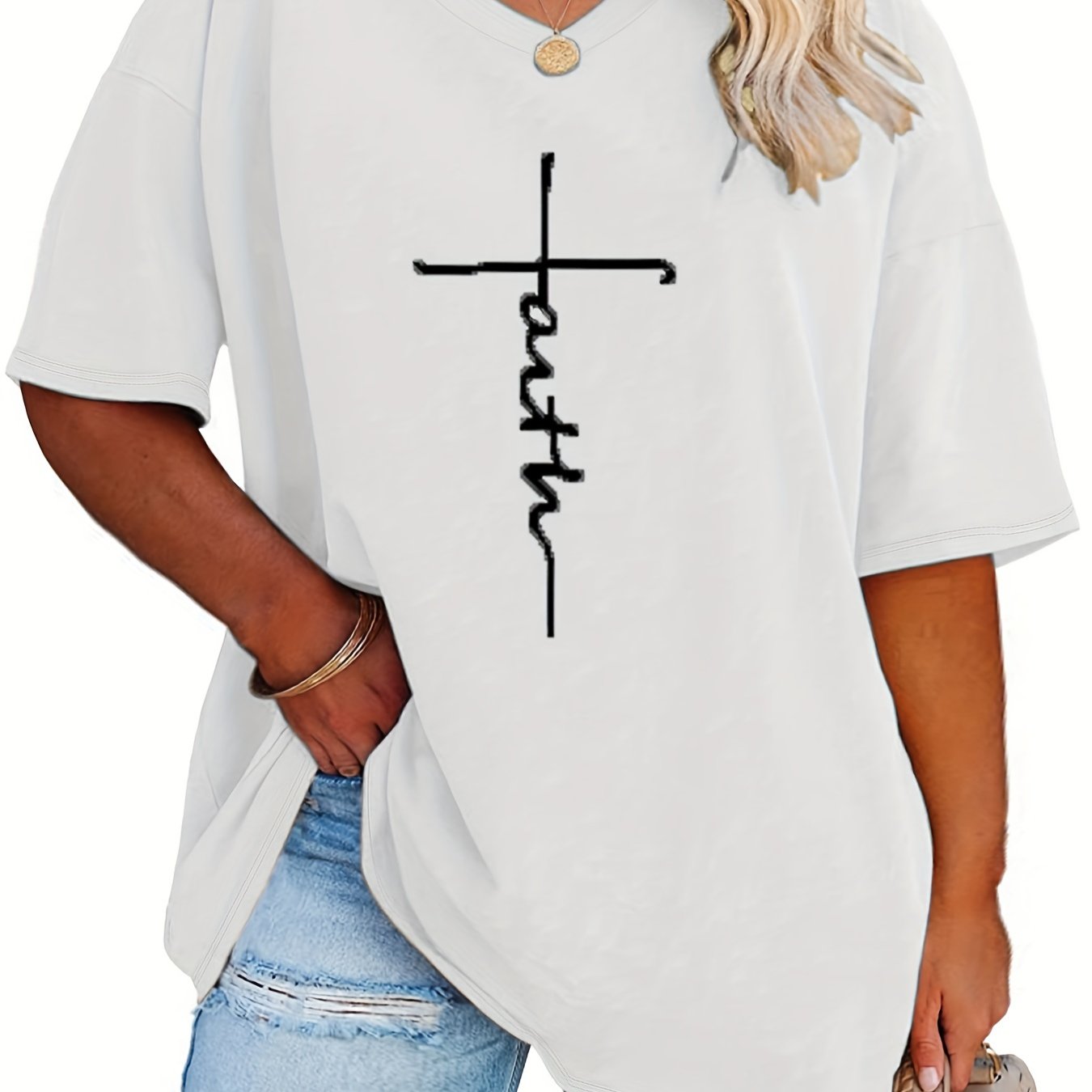 Plus Size Womens V Neck Casual T-shirt - Soft Slight Stretch Polyester Fabric, Alphabets Letter Print, Short Sleeve, Machine Washable - Perfect for Summer