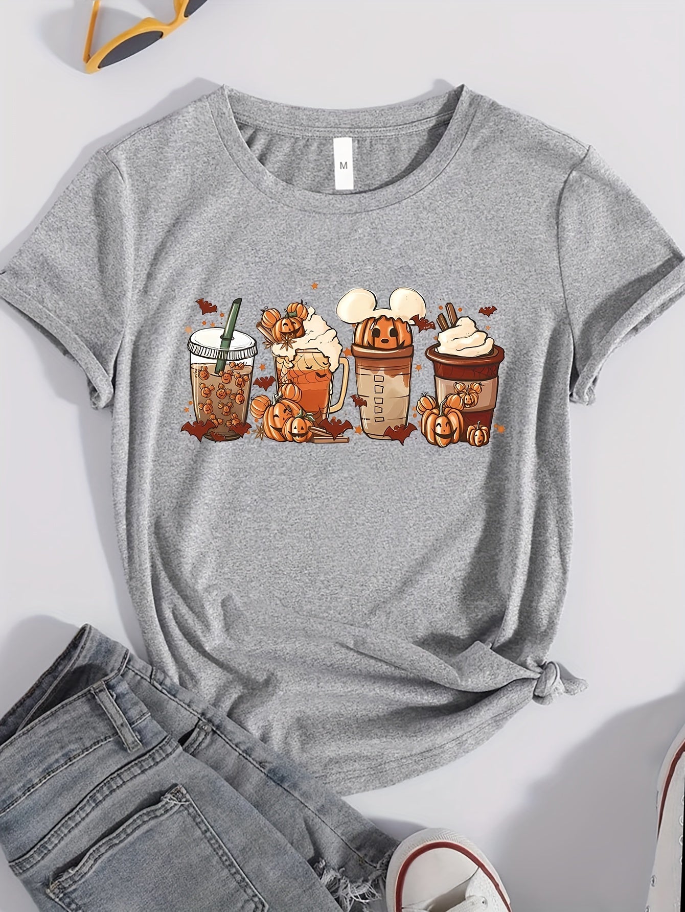 Halloween Drinking Print Summer T-shirt, Casual Short Sleeve Crew Neck Tee, Women's Clothing