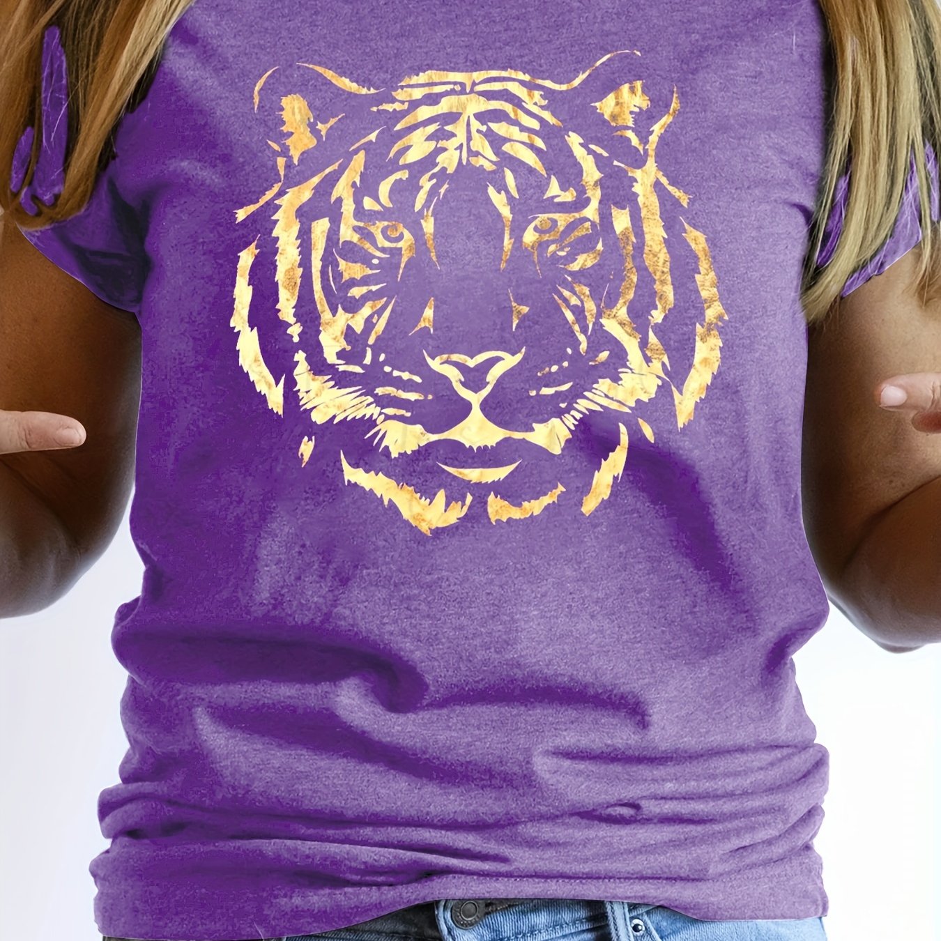 Vibrant Tiger Print Crew Neck T-Shirt - Soft, Breathable, Short Sleeve Top for Spring & Summer - Women's Casual Clothing for Everyday Wear, Relaxed Fit, Perfect for Outdoor Activities