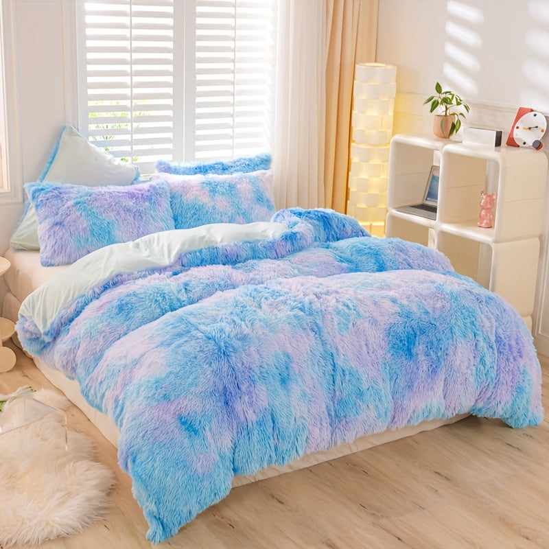 3pcs Y2K Tie Dye Plush Duvet Cover Set ( 1 Duvet Cover + 2 Pillowcase), Soft & Warm Bedding Set