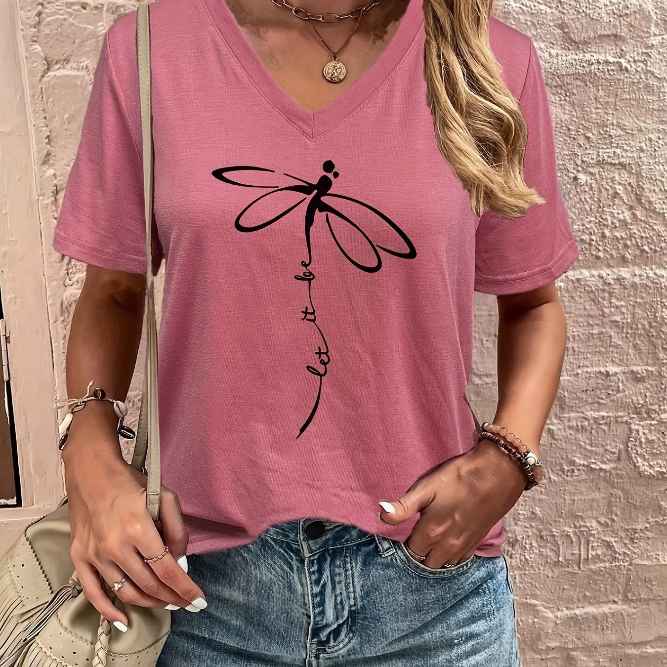Stylish Dragonfly & Letter Print V Neck Short Sleeve T-shirt - Soft Micro Elasticity Polyester Fabric, Loose Fit, Anime Pattern, Pullover Style - Perfect for Spring, Summer, and Fall Casual Wear