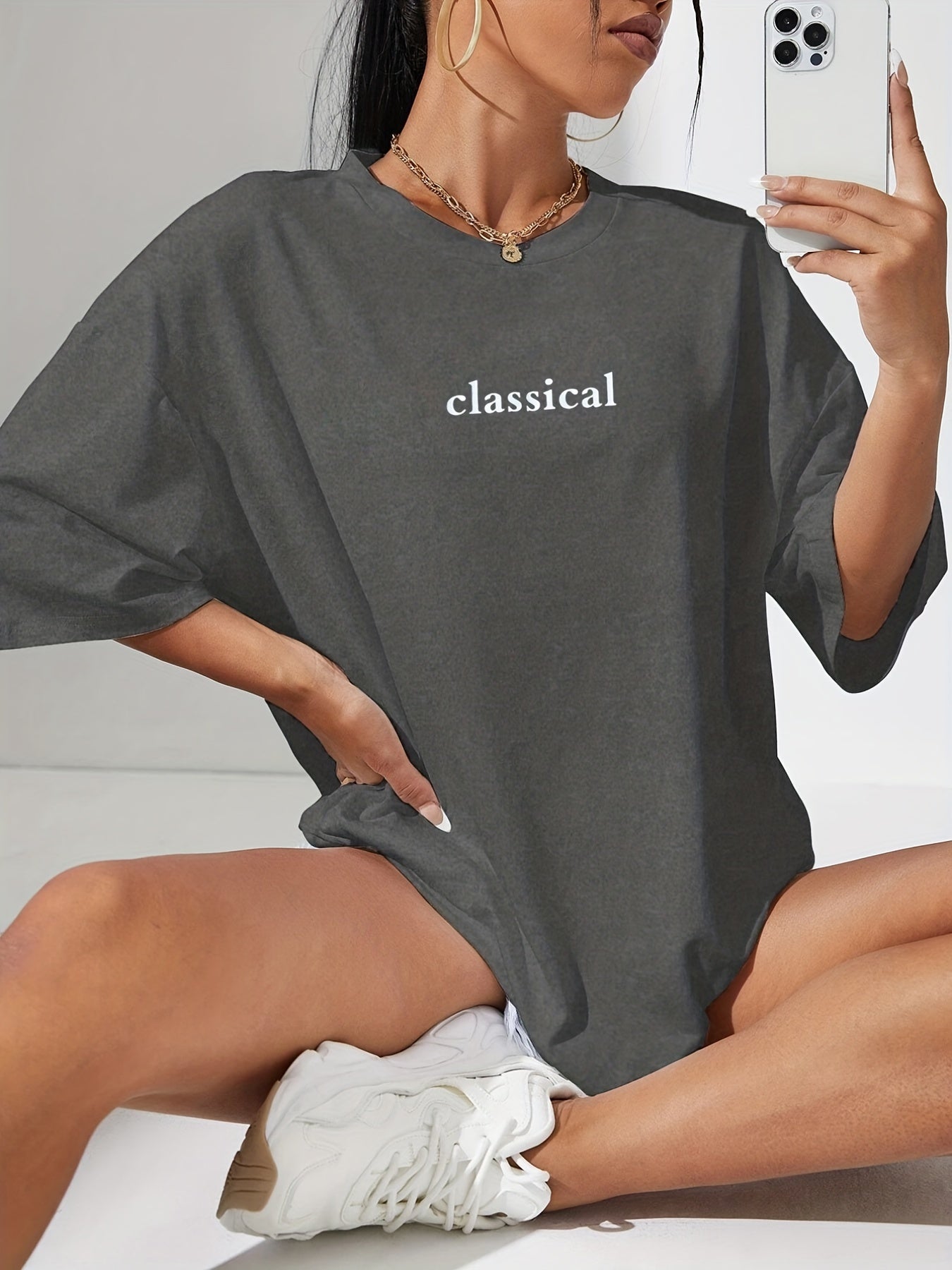 Classical Print Oversized T-Shirt, Crew Neck Casual Top For Summer & Spring, Women's Clothing