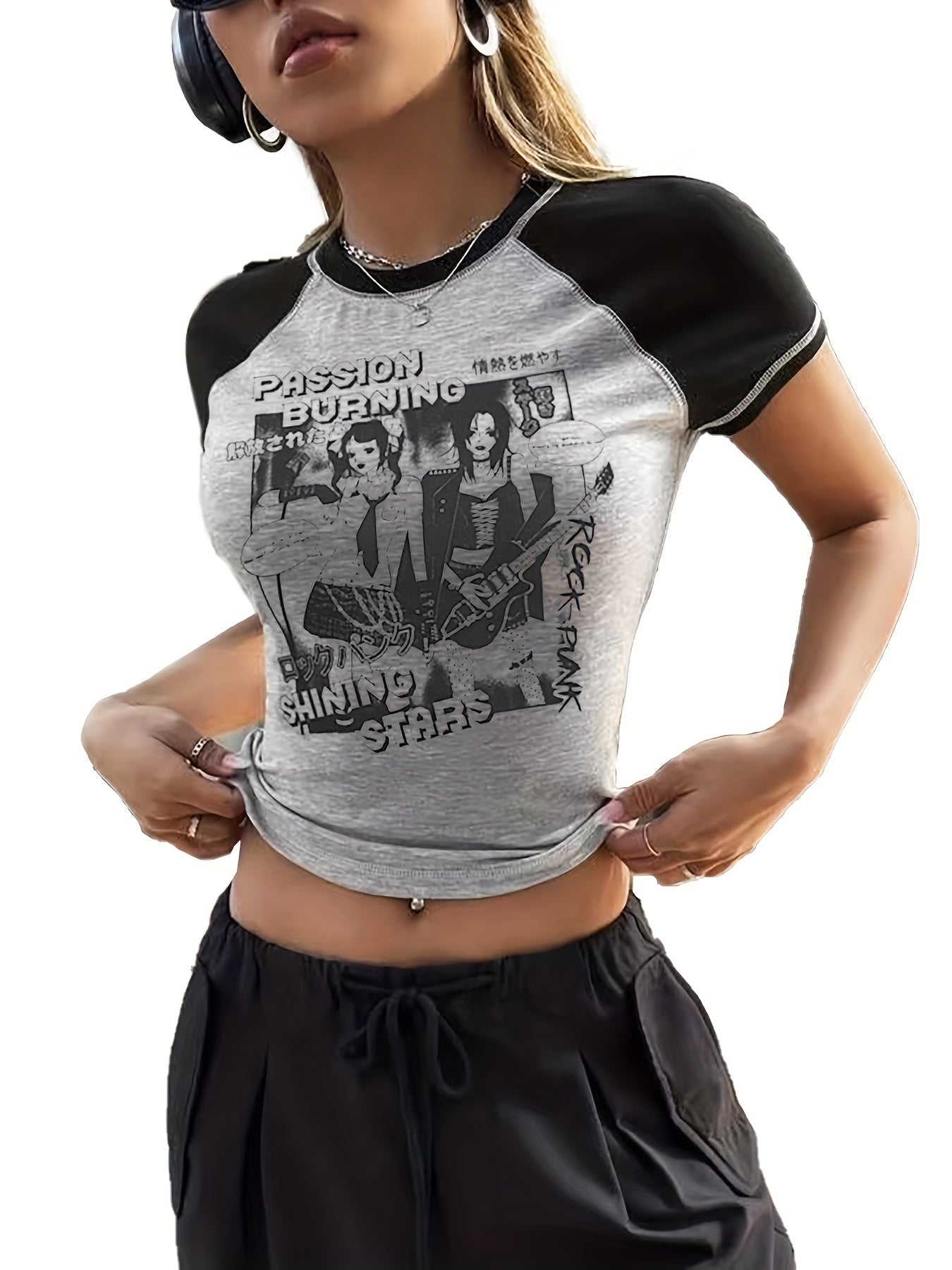 Anime Print Crew Neck Crop T-Shirt, Casual Short Sleeve Top For Spring & Summer, Women's Clothing