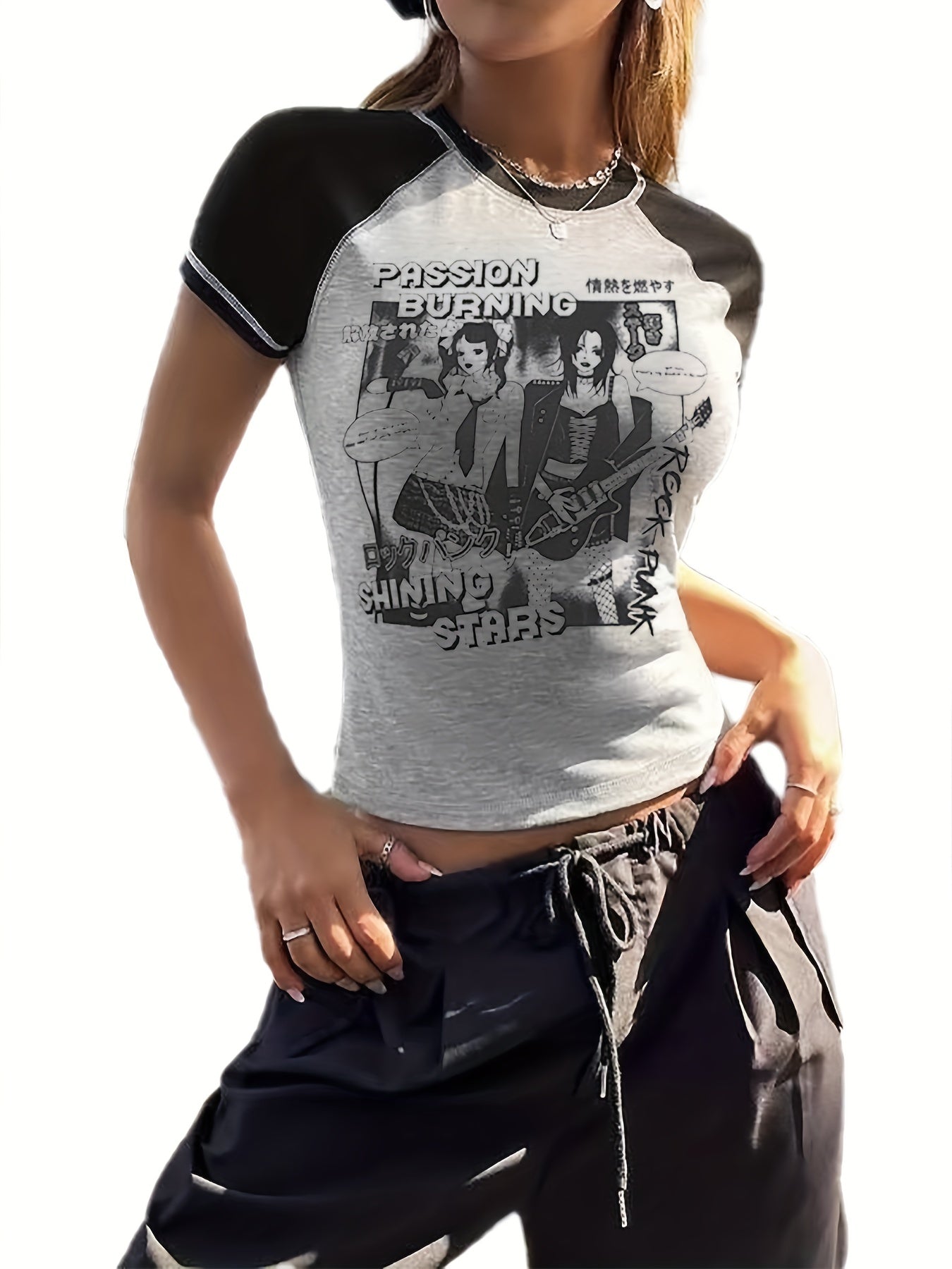 Anime Print Crew Neck Crop T-Shirt, Casual Short Sleeve Top For Spring & Summer, Women's Clothing