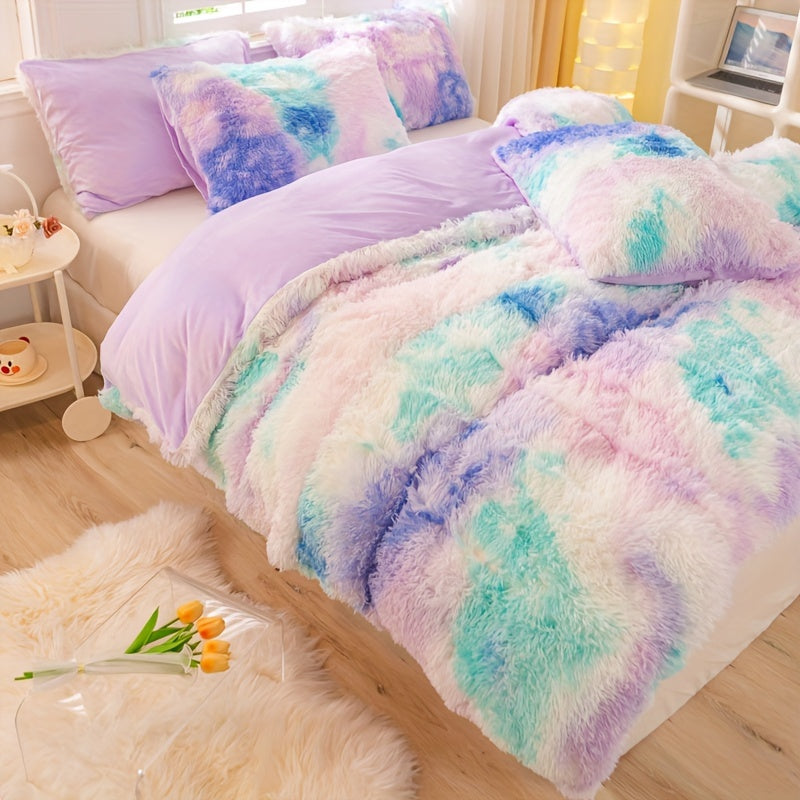 3pcs Y2K Tie Dye Plush Duvet Cover Set ( 1 Duvet Cover + 2 Pillowcase), Soft & Warm Bedding Set