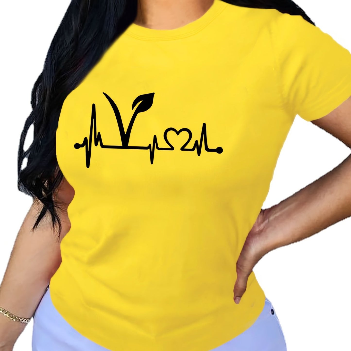 Plant Print Short Sleeve T-Shirt, Crew Neck Casual Top For Summer & Spring, Women's Clothing
