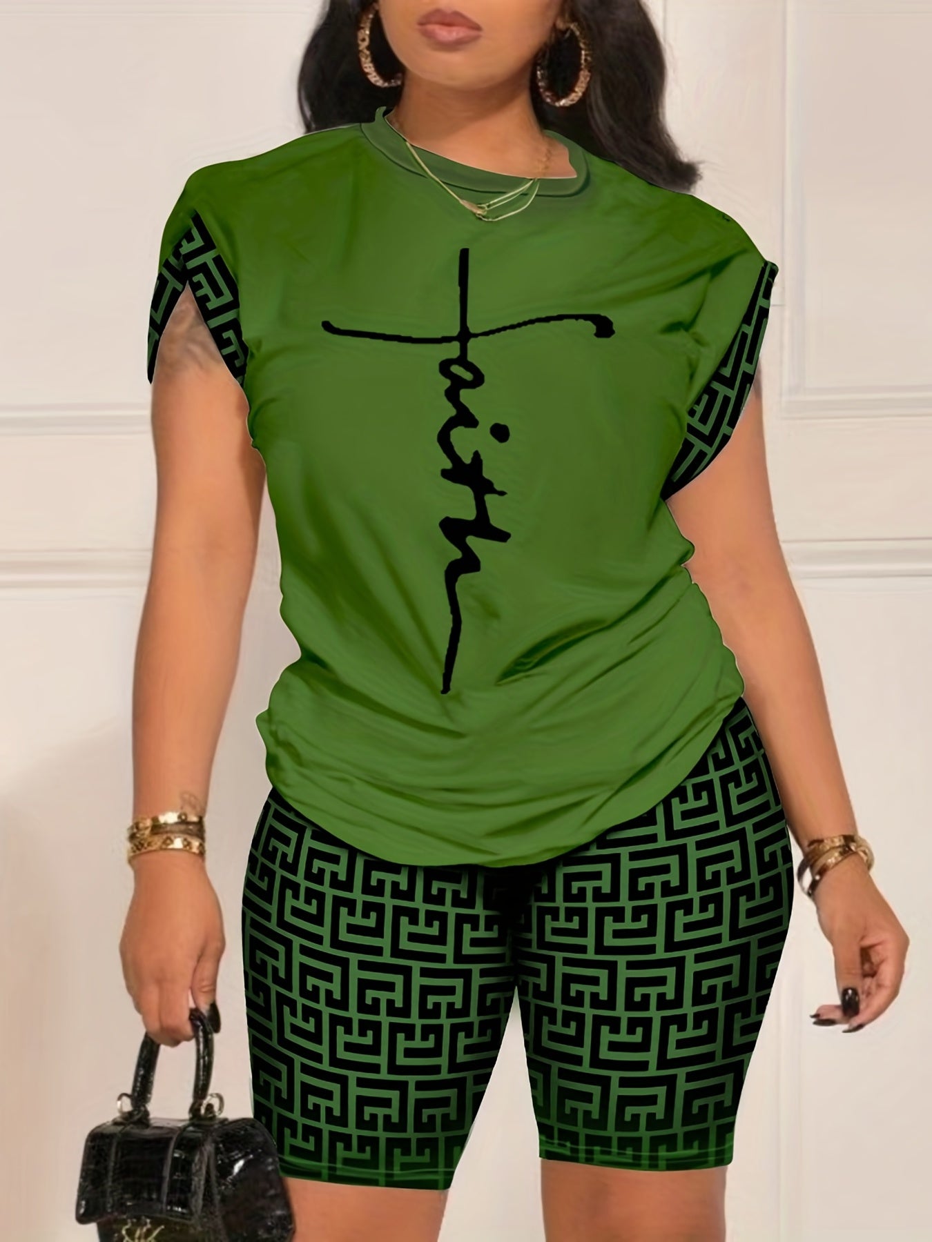 Two-Piece Geo Print Matching Set - Casual Short Sleeve Crew Neck T-Shirt & Biker Shorts Outfit - Polyester Knit Fabric, Mid Elasticity, Positioning Printing, All Seasons, Regular Fit