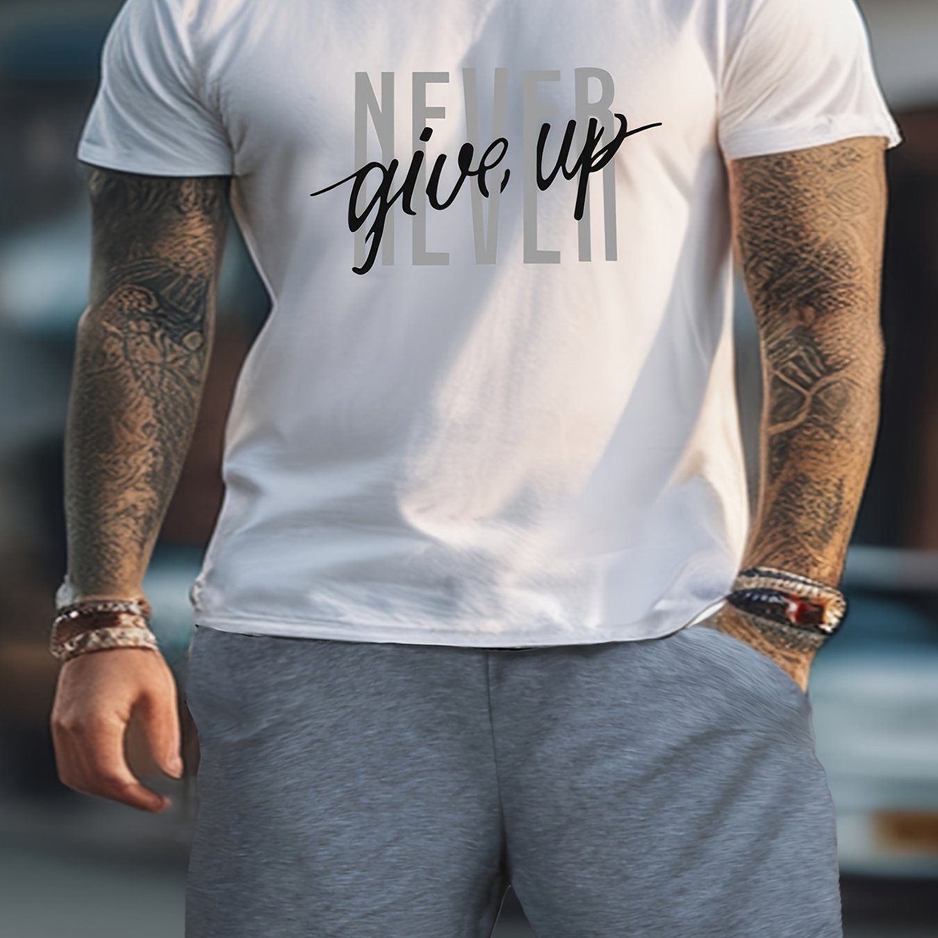 2-Piece Men's Fashion Graphic Loungewear Set - Short Sleeve Crew Neck T-Shirt, Drawstring Shorts with Pockets, Soft, Breathable, Casual Pajama Outfit for Men, NEVER GIVE UP Letter Print Design, Ideal for Relaxation and Leisur