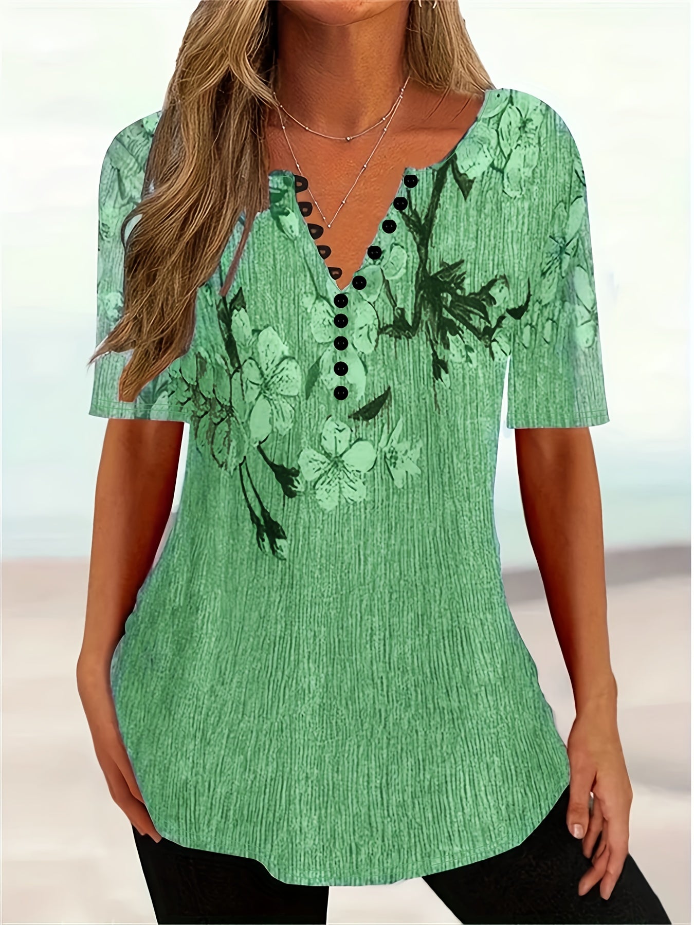 Floral Print Plus Size Short Sleeve Round Neck Henley T-shirt - Women's Casual Slight Stretch