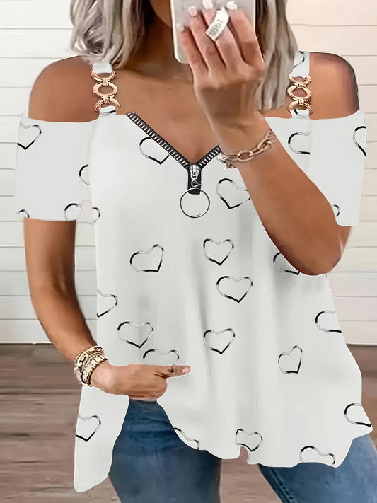 Cold Shoulder Heart Print T-Shirt, Casual Zipper Short Sleeve T-Shirt For Spring & Summer, Women's Clothing