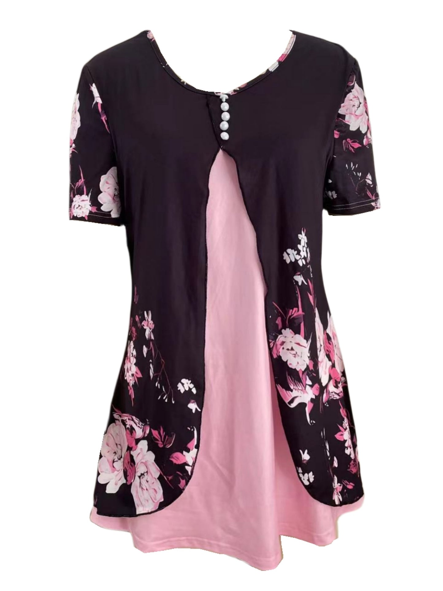 Charming Floral Print T-Shirt with Glamorous Faux Pearl Accents - Comfortable V Neck Short Sleeve Top - Ideal Casual Wear for Spring & Summer - Womens Fashion Essential
