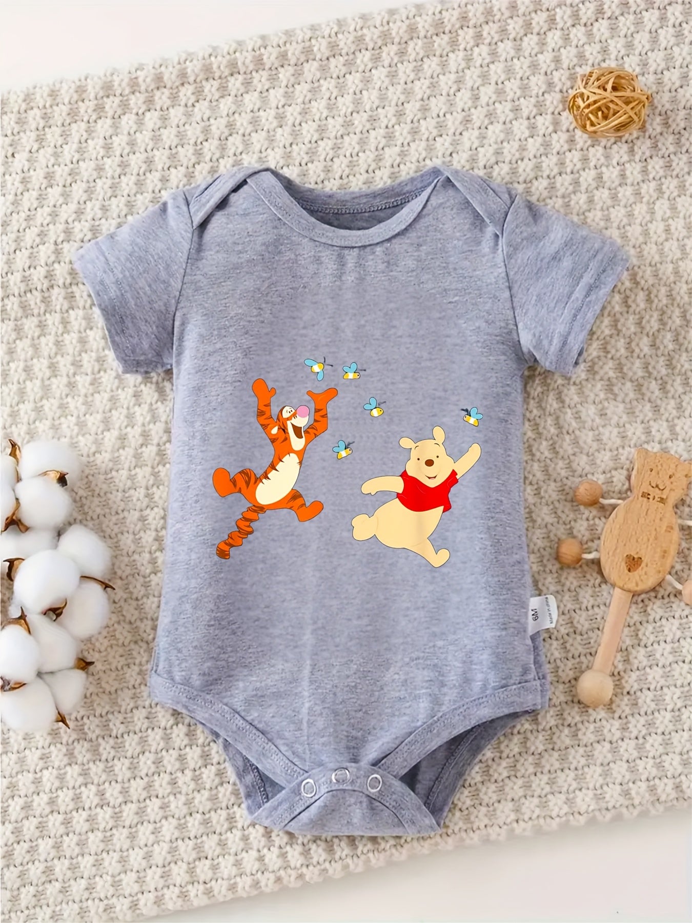 100% Cotton Baby Crawling Clothes - Tigger & Pooh Easter Design, Soft Gray, Short Sleeve, Round Neck, All-Season Casual Wear for Little Ones, Allseason Clothing | Playful Print Top | Cotton Fabric, Baby Clothes, for Outdoor