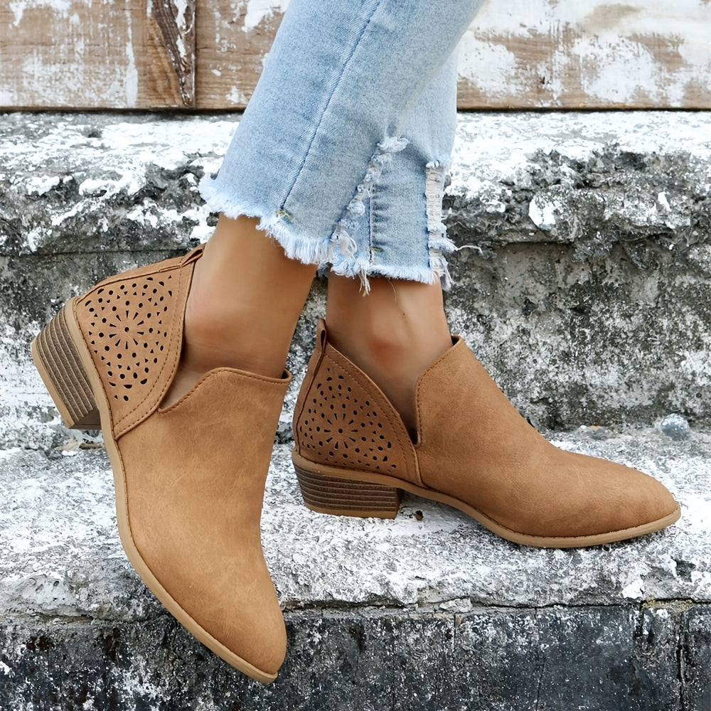 [V Cut Ankle Boots Short] Women's Ankle V Cut Short Boots, Hollow Out Chunky Heel Pointed Toe Shoes, Women's Footwear