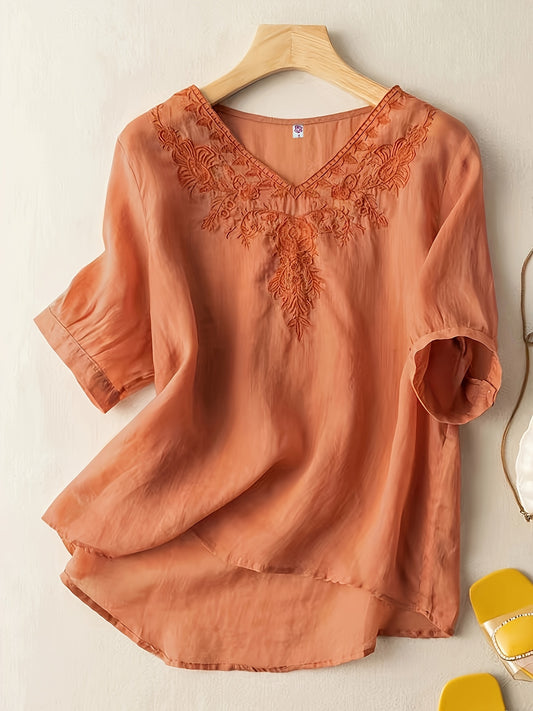 Floral Embroidery V Neck T-shirt, Vintage Half Sleeve Loose T-shirt For Spring & Summer, Women's Clothing