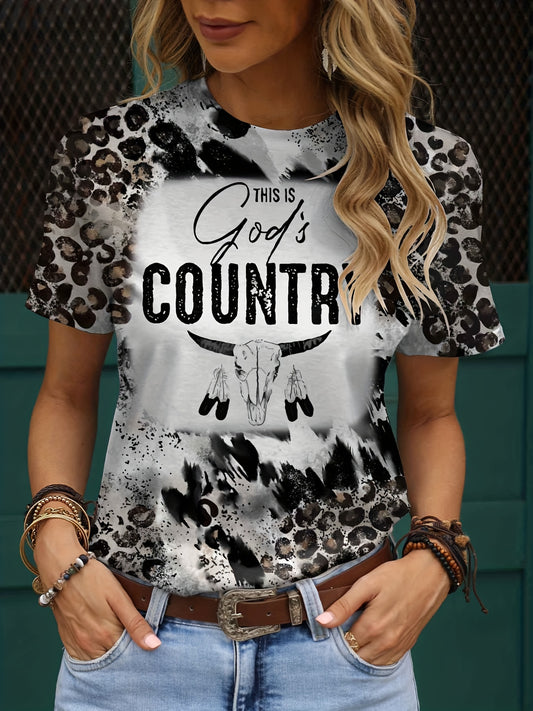 Leopard & Letter COUNTRY Print Crew Neck T-Shirt, Casual Short Sleeve Top For Spring & Summer, Women's Clothing