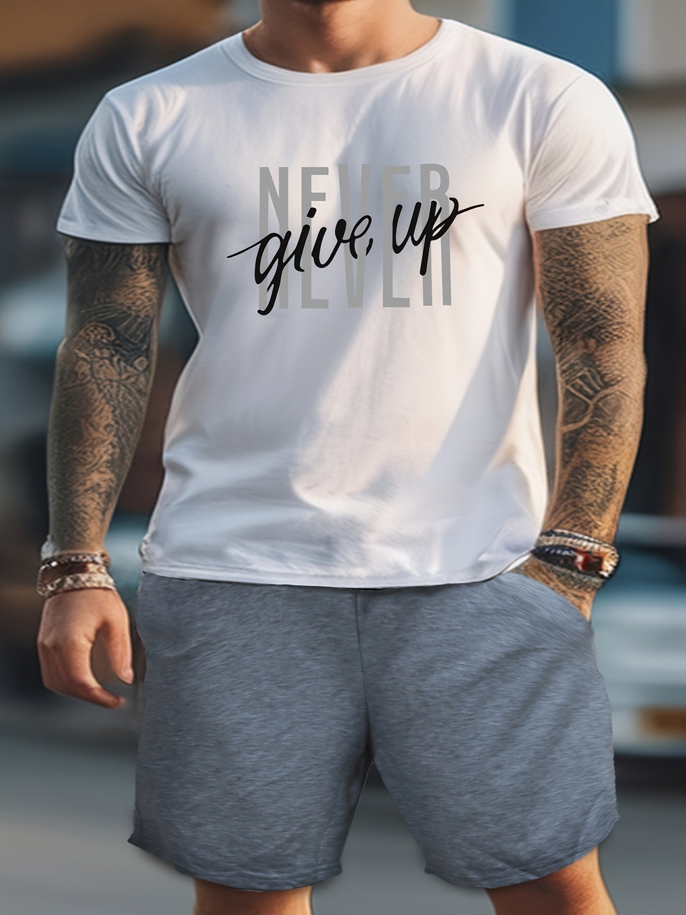 2-Piece Men's Fashion Graphic Loungewear Set - Short Sleeve Crew Neck T-Shirt, Drawstring Shorts with Pockets, Soft, Breathable, Casual Pajama Outfit for Men, NEVER GIVE UP Letter Print Design, Ideal for Relaxation and Leisur