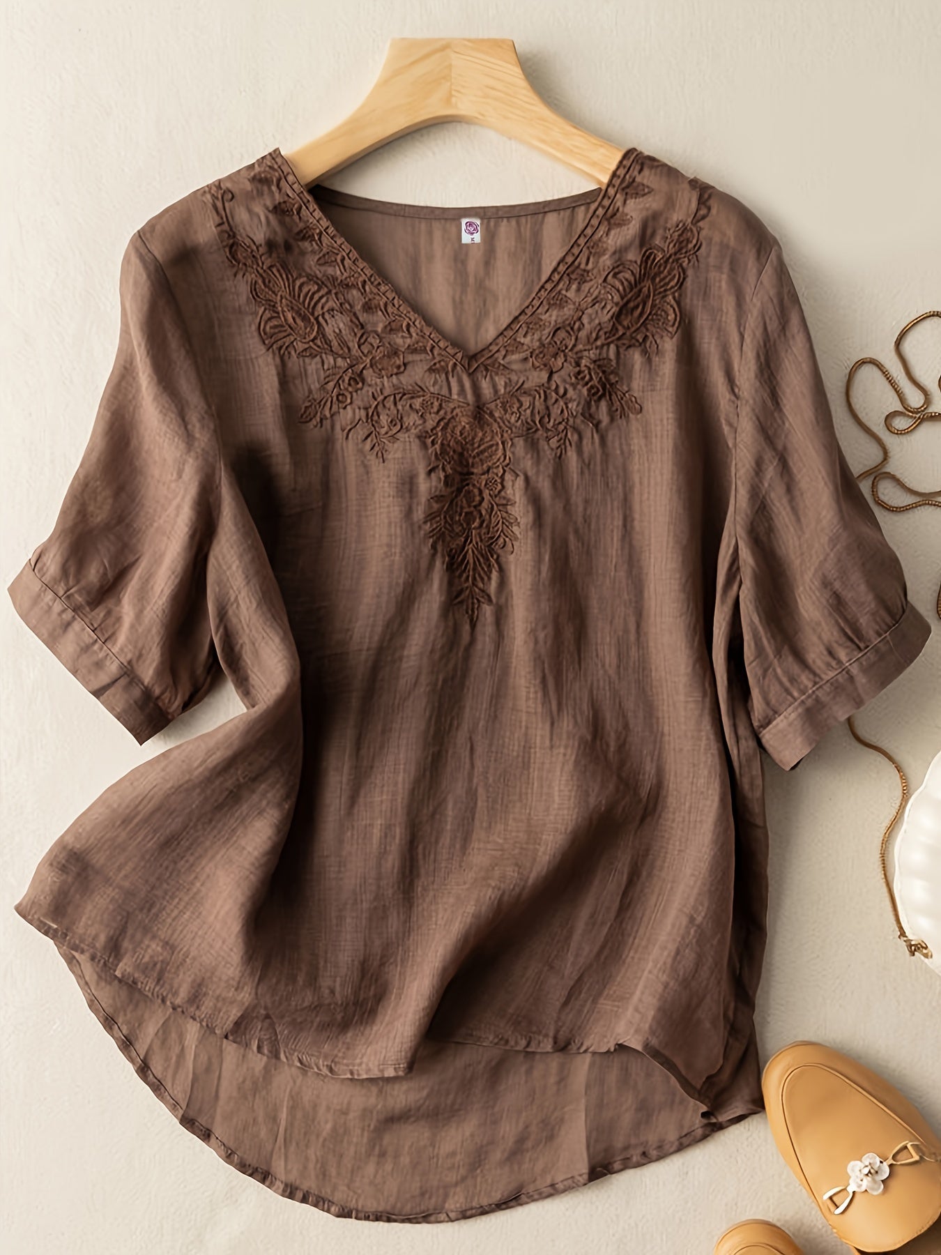 Floral Embroidery V Neck T-shirt, Vintage Half Sleeve Loose T-shirt For Spring & Summer, Women's Clothing