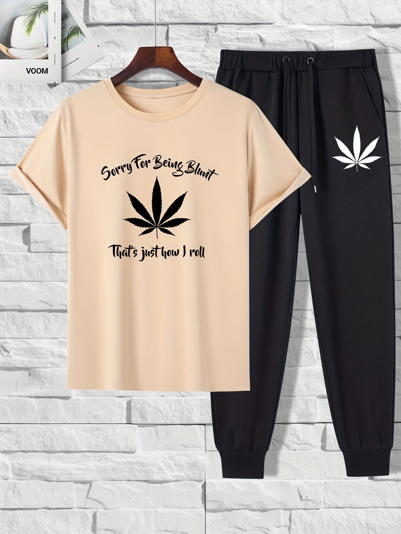 2 pieces Leaf Print Men's 2-Piece Set: Short Sleeve T-Shirt & Drawstring Trousers