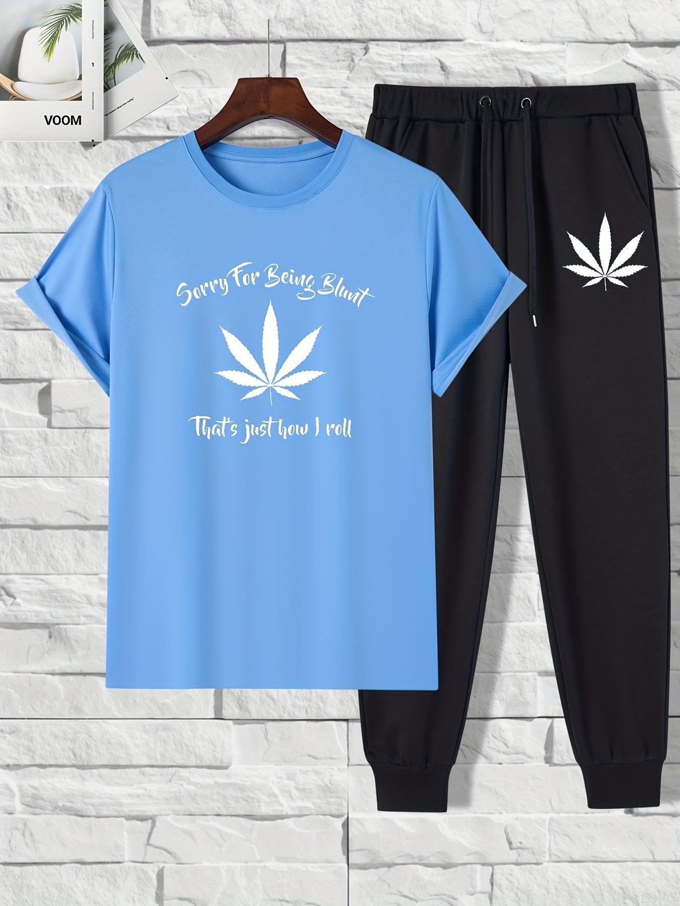 2 pieces Leaf Print Men's 2-Piece Set: Short Sleeve T-Shirt & Drawstring Trousers