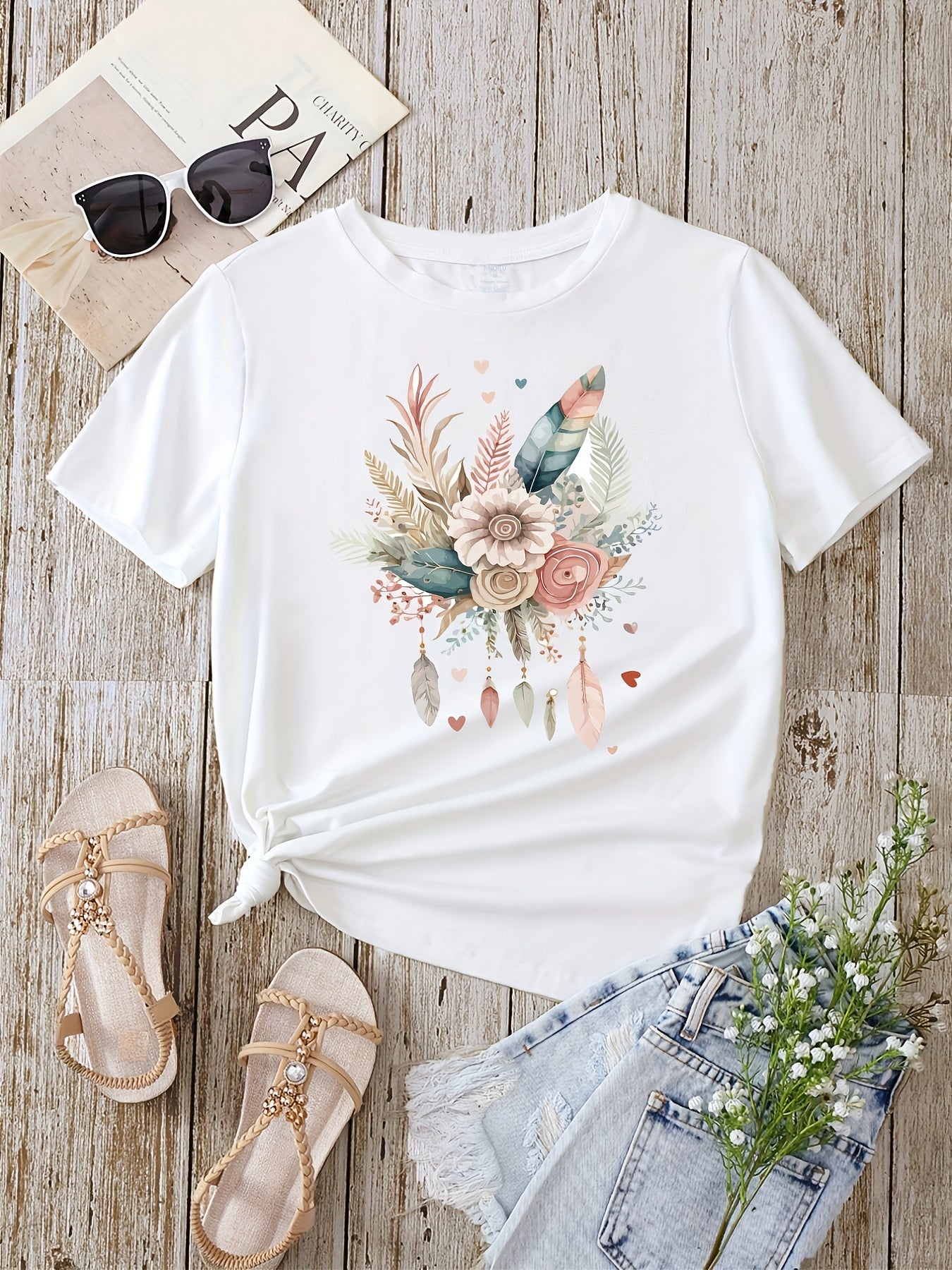Flower & Feather Print T-shirt, Casual Short Sleeve Crew Neck T-shirt For Spring & Summer, Women's Clothing