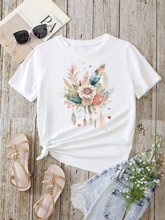 Flower & Feather Print T-shirt, Casual Short Sleeve Crew Neck T-shirt For Spring & Summer, Women's Clothing