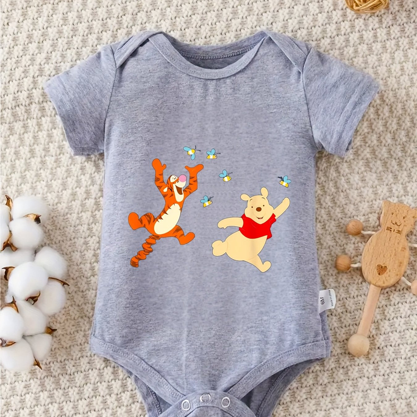 100% Cotton Baby Crawling Clothes - Tigger & Pooh Easter Design, Soft Gray, Short Sleeve, Round Neck, All-Season Casual Wear for Little Ones, Allseason Clothing | Playful Print Top | Cotton Fabric, Baby Clothes, for Outdoor