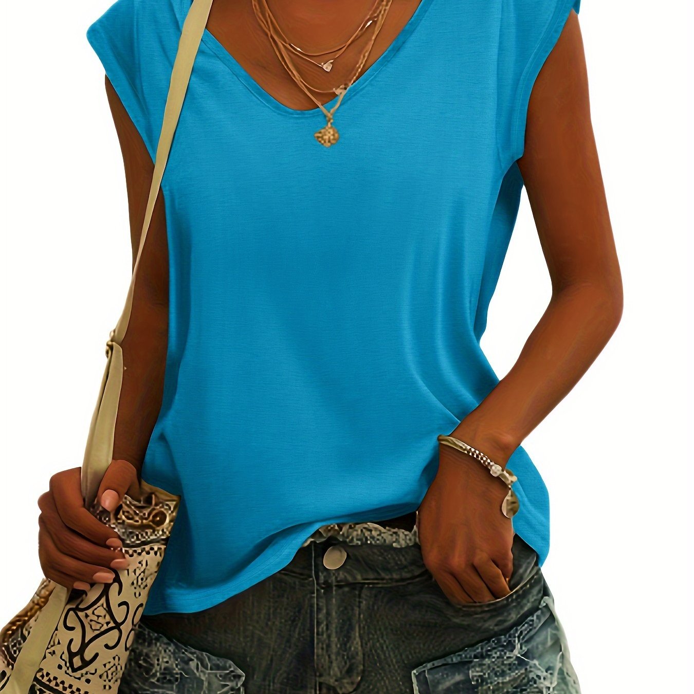 Solid Cap Sleeve T-shirt, Casual V Neck Comfy Summer T-shirt, Women's Clothing