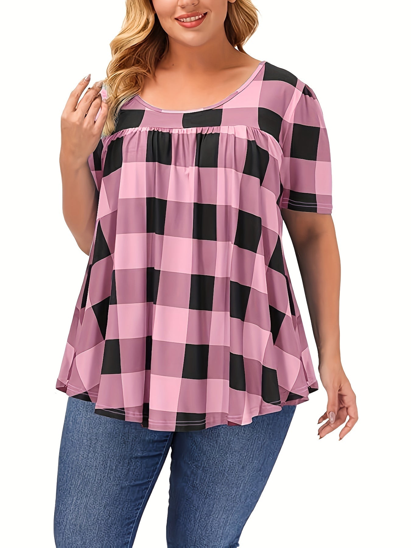 Women's Plus Size Blend T-Shirt - Short Sleeve, Round Neck, Loose Fit with Geometric Print