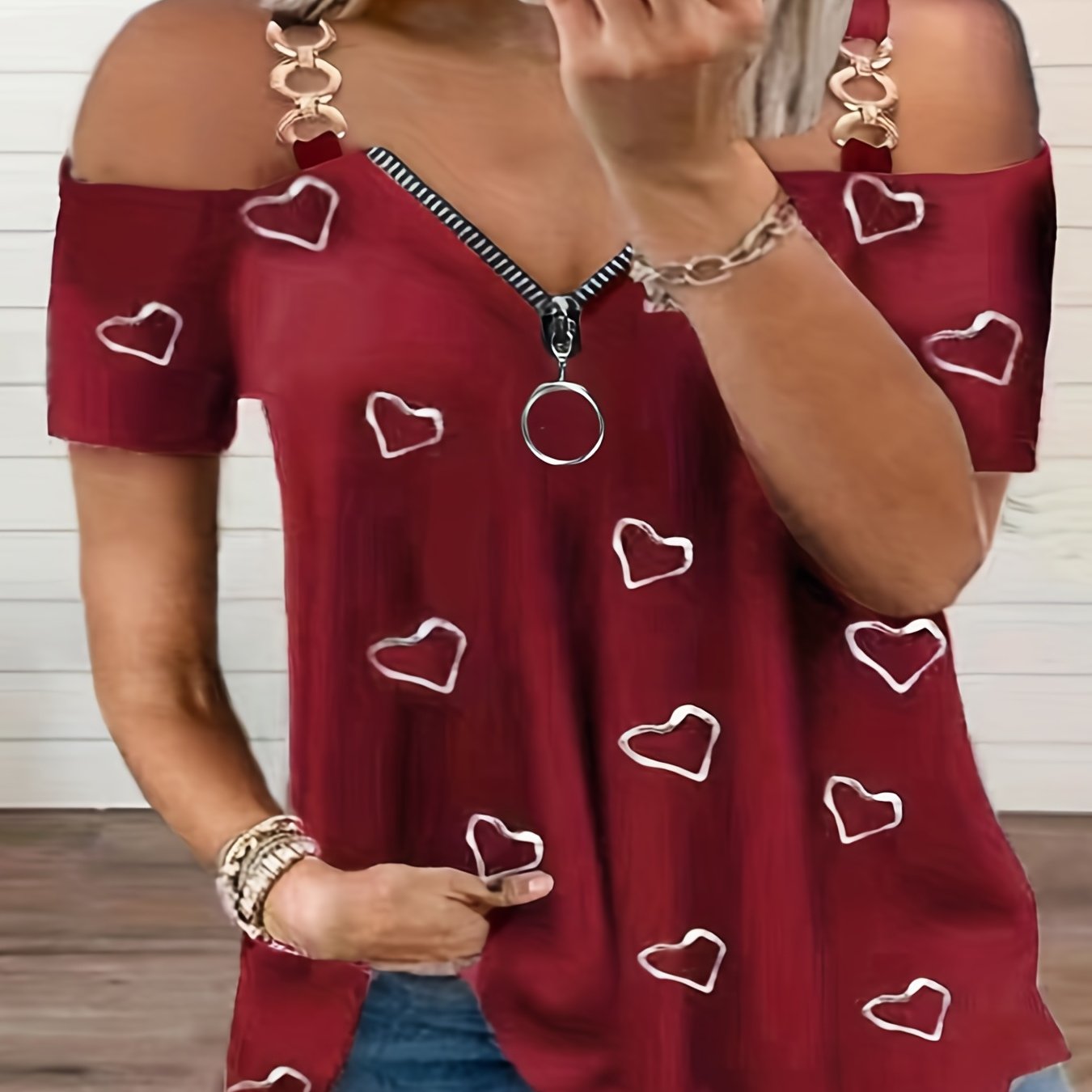 Cold Shoulder Heart Print T-Shirt, Casual Zipper Short Sleeve T-Shirt For Spring & Summer, Women's Clothing