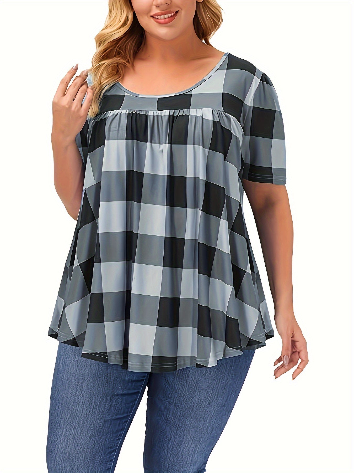 Women's Plus Size Blend T-Shirt - Short Sleeve, Round Neck, Loose Fit with Geometric Print