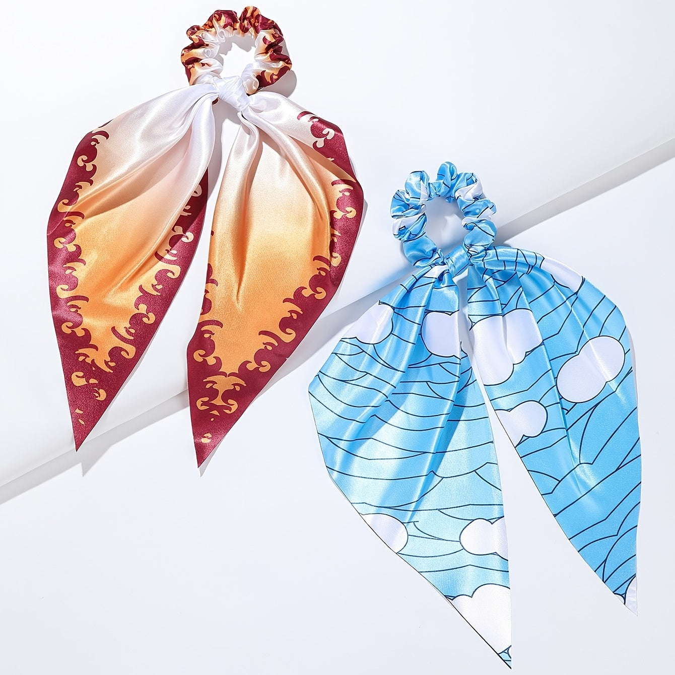 4pcs Adorable Japanese Anime Cartoon Printed Fabric Bowknot Hair Scarves with Elastic Hair Ties for Women - Soft, Comfortable, and Easy to Wear Ponytail Holders for Various Hairstyles - Cute Hair Accessories for Anime Fans