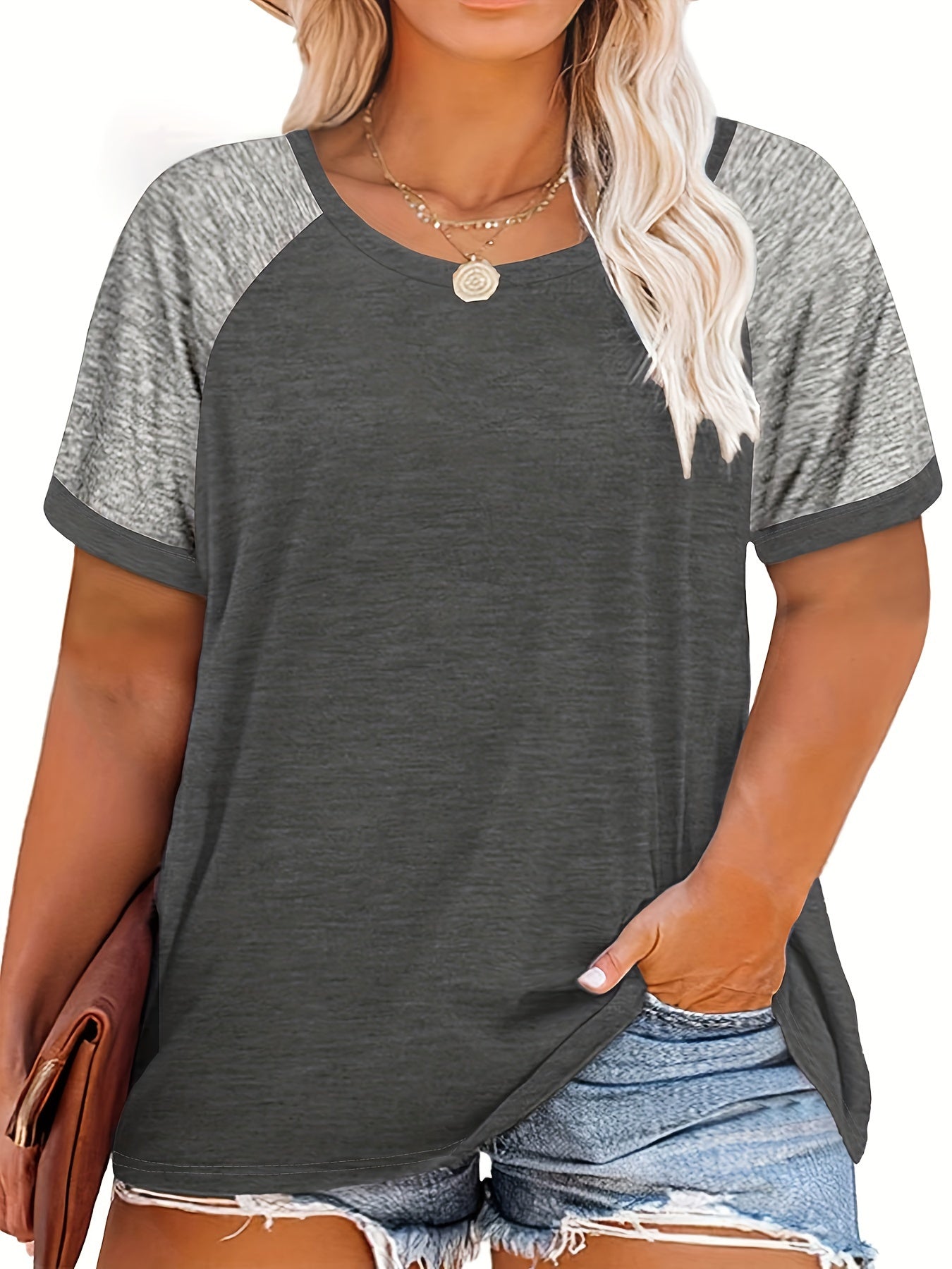 [Plus Size Slight Stretch T-shirt] Plus Size Casual T-shirt, Women's Plus Colorblock Short Sleeve Round Neck Slight Stretch T-shirt