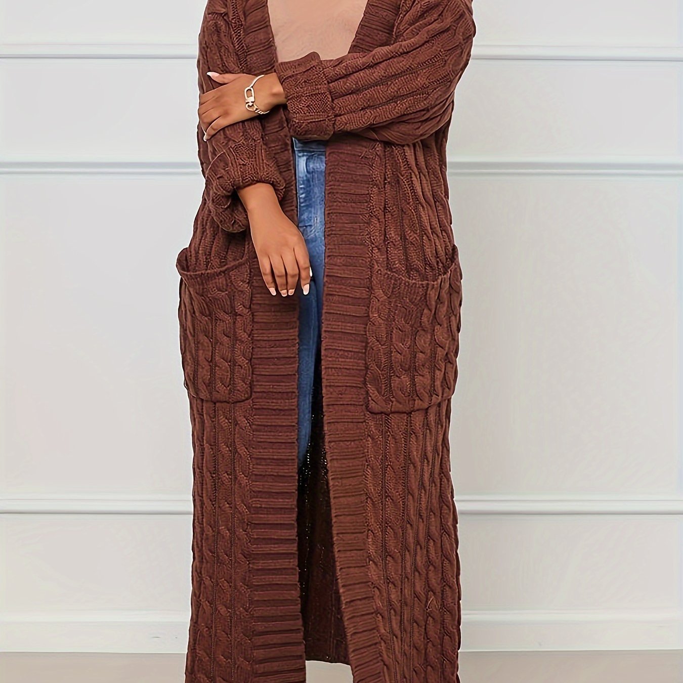 Plus Size Solid Jacquard Longline Cardigan, Women's Plus Medium Stretch Elegant Sweater Cardigan