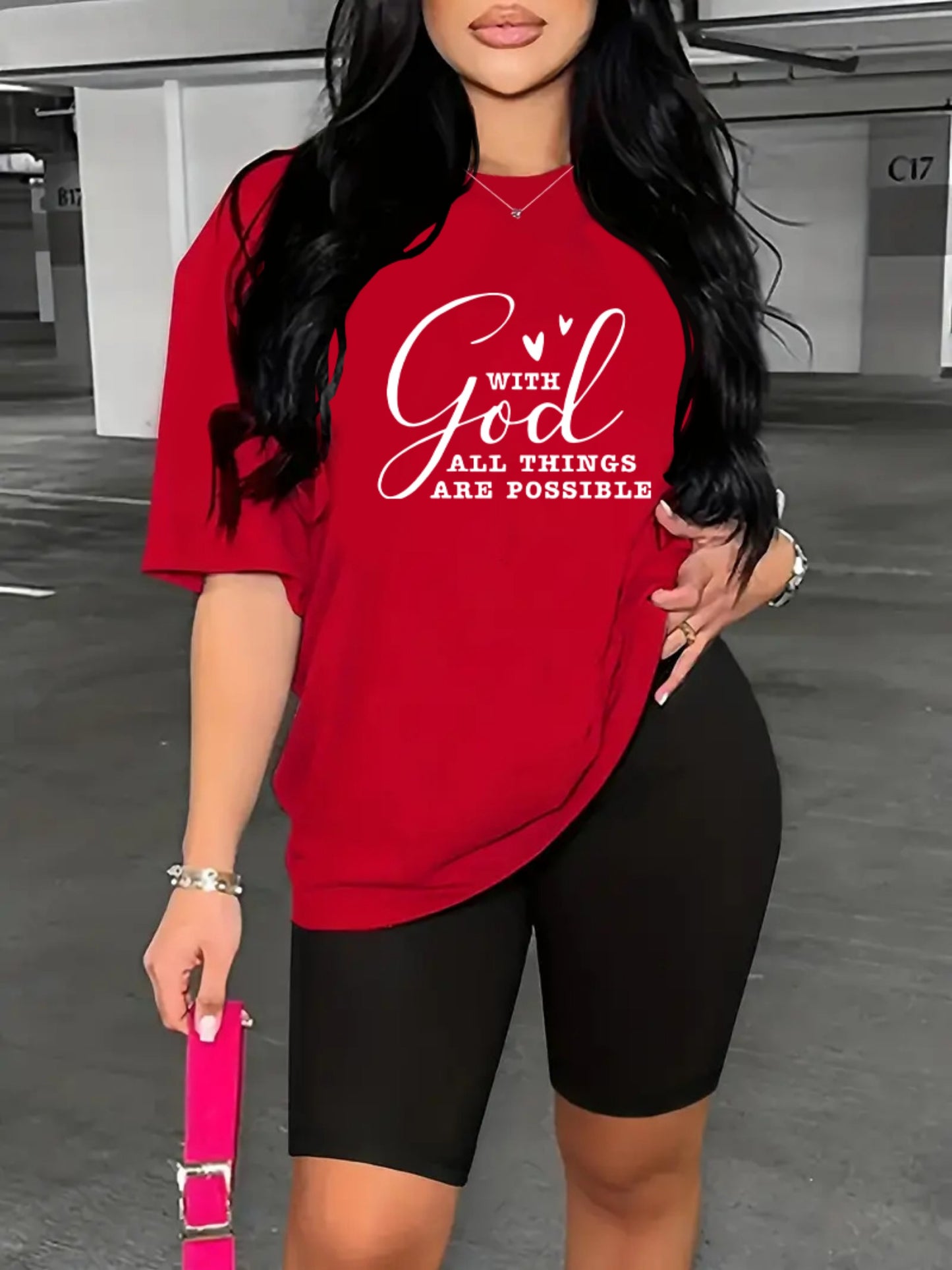 2-Piece "With God All Things Are Possible" Print Summer Shirt And Shorts Set, Casual Sportswear For Women, T-Shirt & Athletic Shorts Outfit