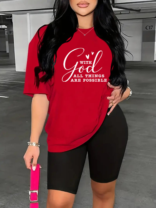 2-Piece "With God All Things Are Possible" Print Summer Shirt And Shorts Set, Casual Sportswear For Women, T-Shirt & Athletic Shorts Outfit