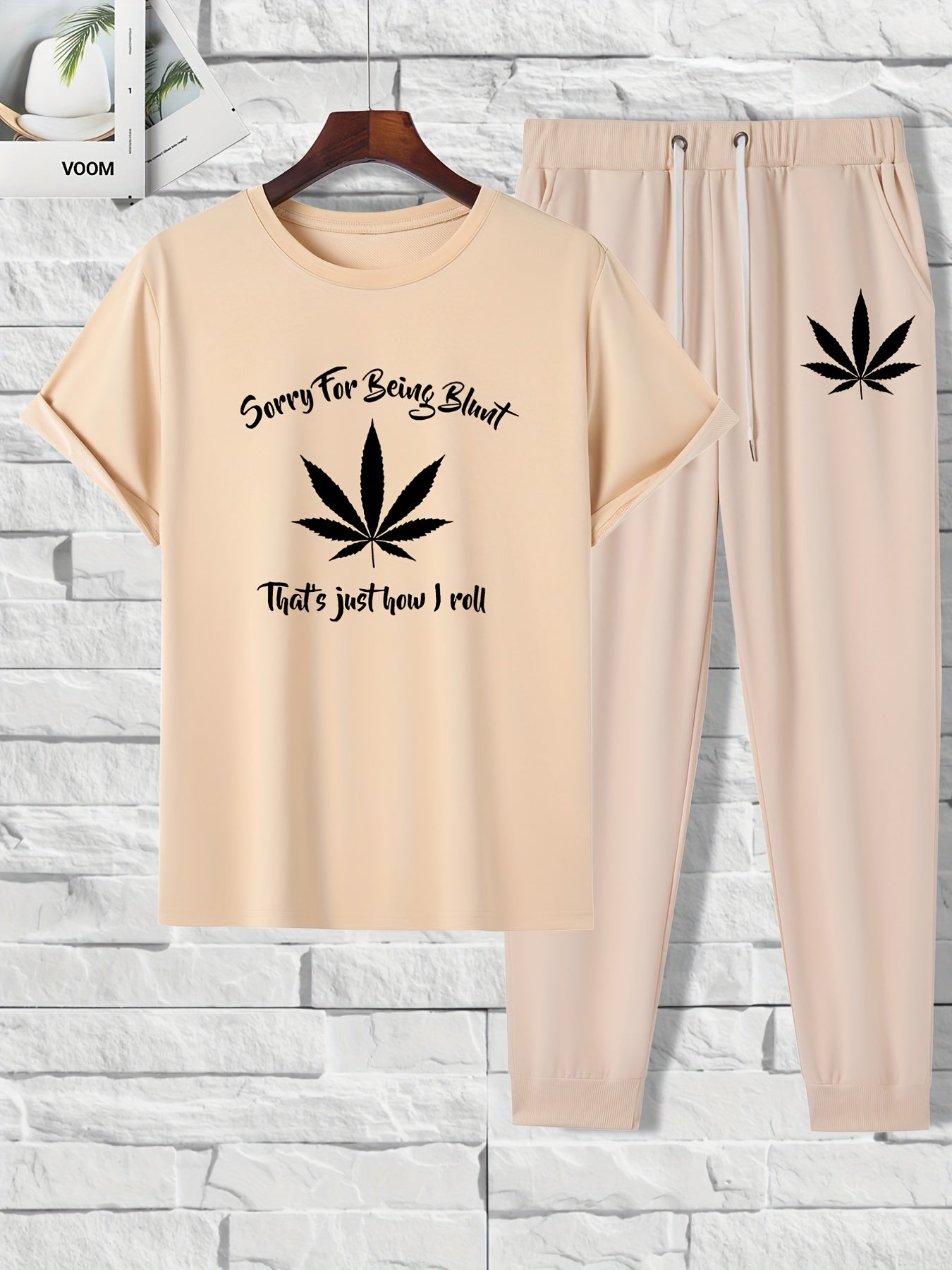 2 pieces Leaf Print Men's 2-Piece Set: Short Sleeve T-Shirt & Drawstring Trousers
