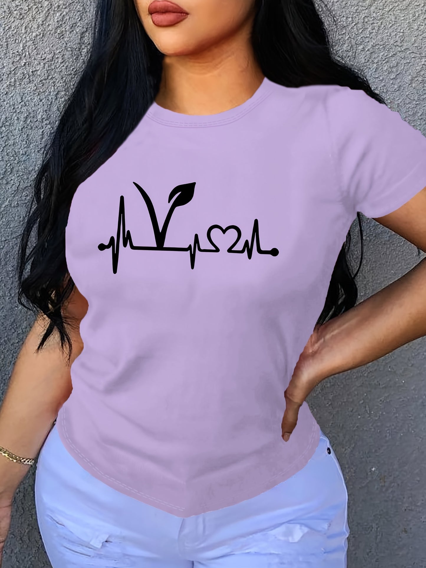Plant Print Short Sleeve T-Shirt, Crew Neck Casual Top For Summer & Spring, Women's Clothing
