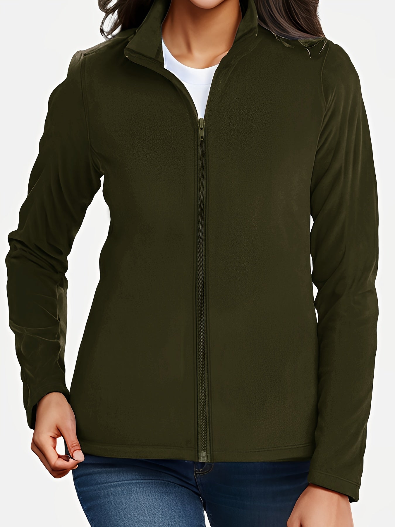 Thermal Stand Collar Jacket, Warm Solid Zipper Jacket, Casual Outerwear For Fall & Winter, Women's Clothing