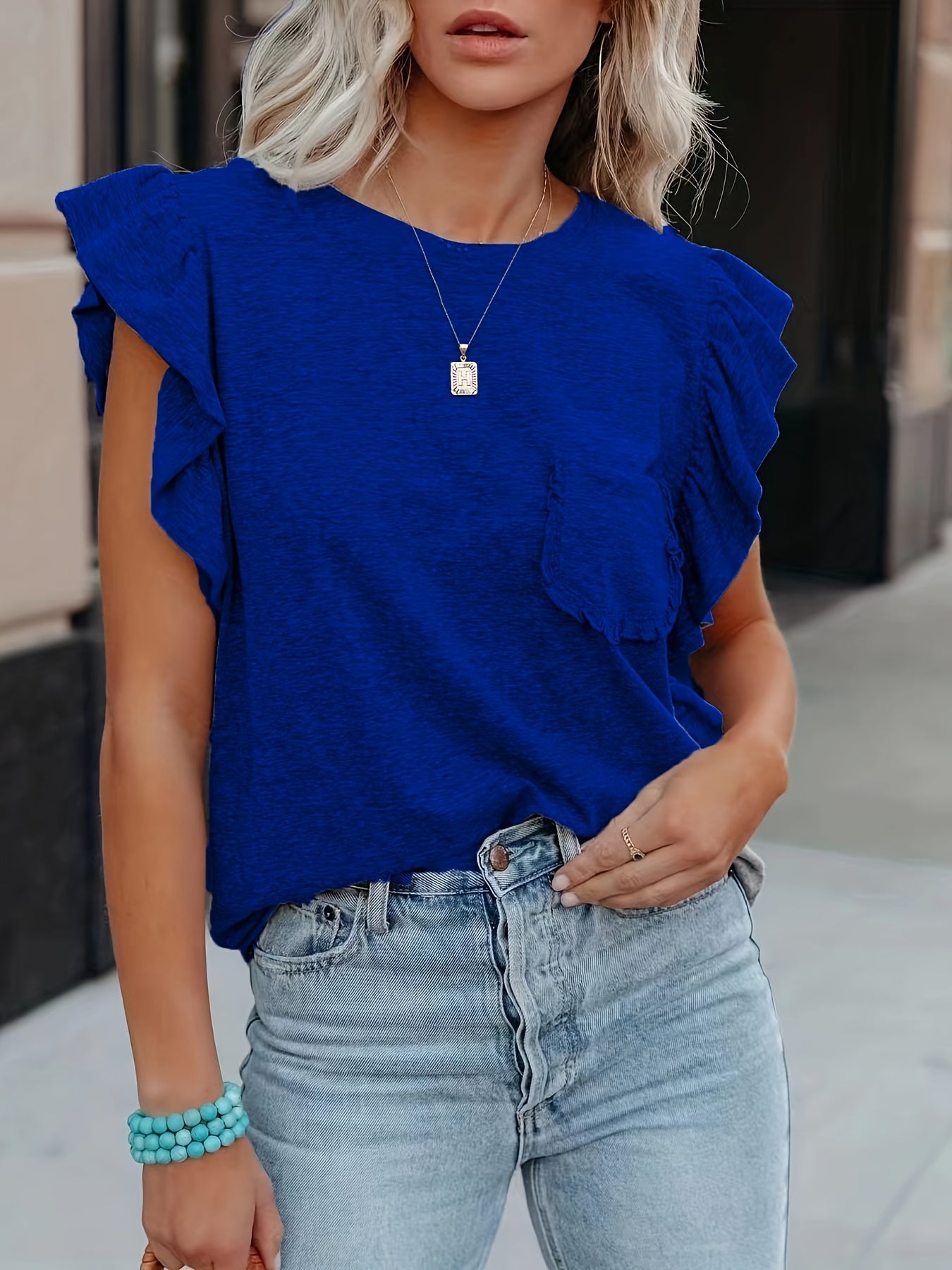 Flirty Ruffle Trim T-shirt - Versatile Solid Color, Crew Neck with Pocket - Perfect Summer Wear for Women