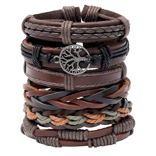 Vintage Funky Men's Adjustable Alloy Multilayer Combination Tree Of Life PU Leather Braided Bracelet