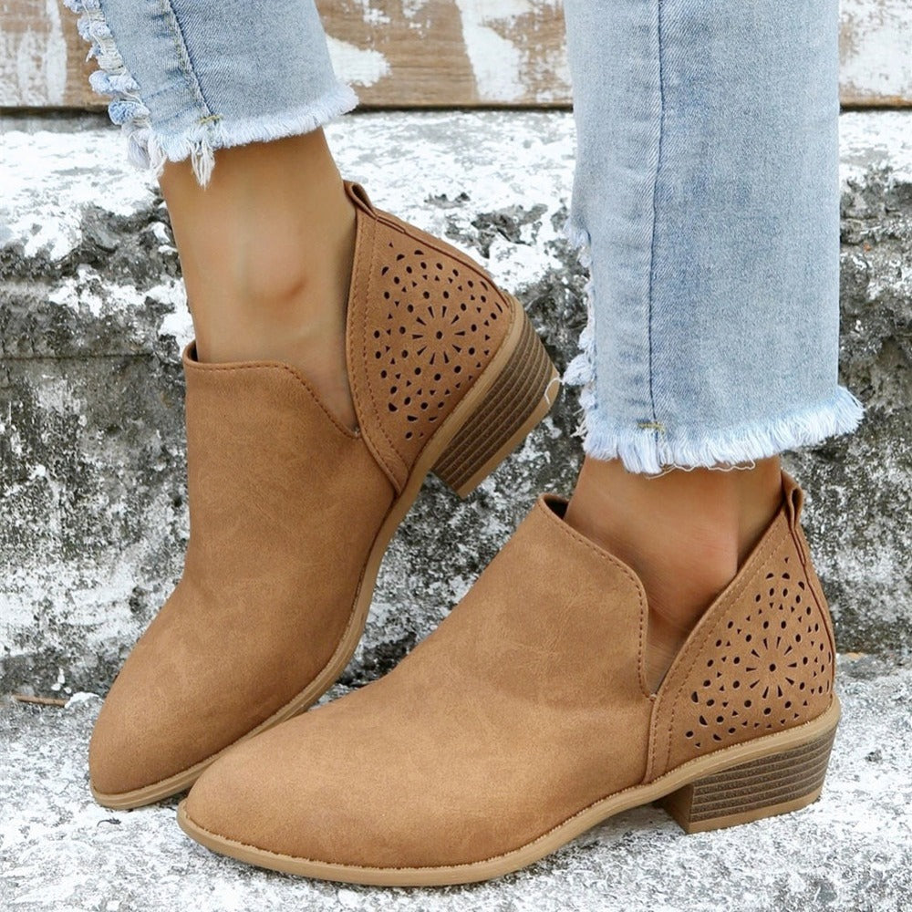 [V Cut Ankle Boots Short] Women's Ankle V Cut Short Boots, Hollow Out Chunky Heel Pointed Toe Shoes, Women's Footwear