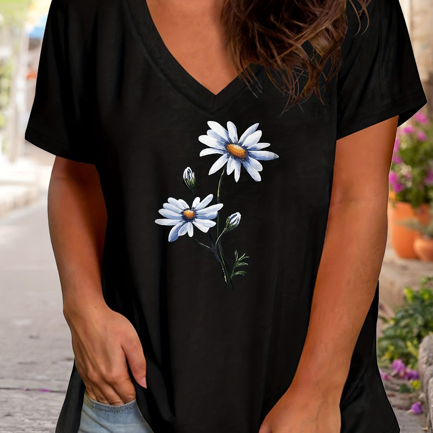 Plus Size Women's Floral Print V Neck Short Sleeve Graphic Tee Casual T-shirt