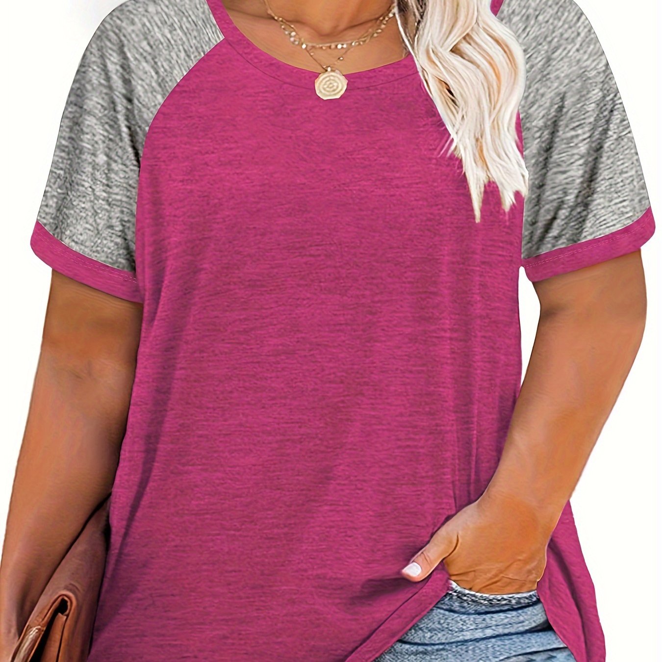 [Plus Size Slight Stretch T-shirt] Plus Size Casual T-shirt, Women's Plus Colorblock Short Sleeve Round Neck Slight Stretch T-shirt