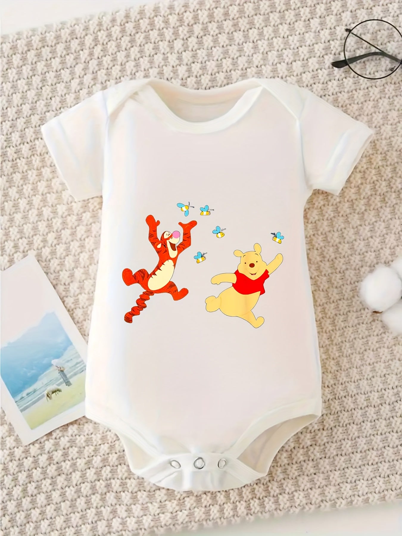 100% Cotton Baby Crawling Clothes - Tigger & Pooh Easter Design, Soft Gray, Short Sleeve, Round Neck, All-Season Casual Wear for Little Ones, Allseason Clothing | Playful Print Top | Cotton Fabric, Baby Clothes, for Outdoor