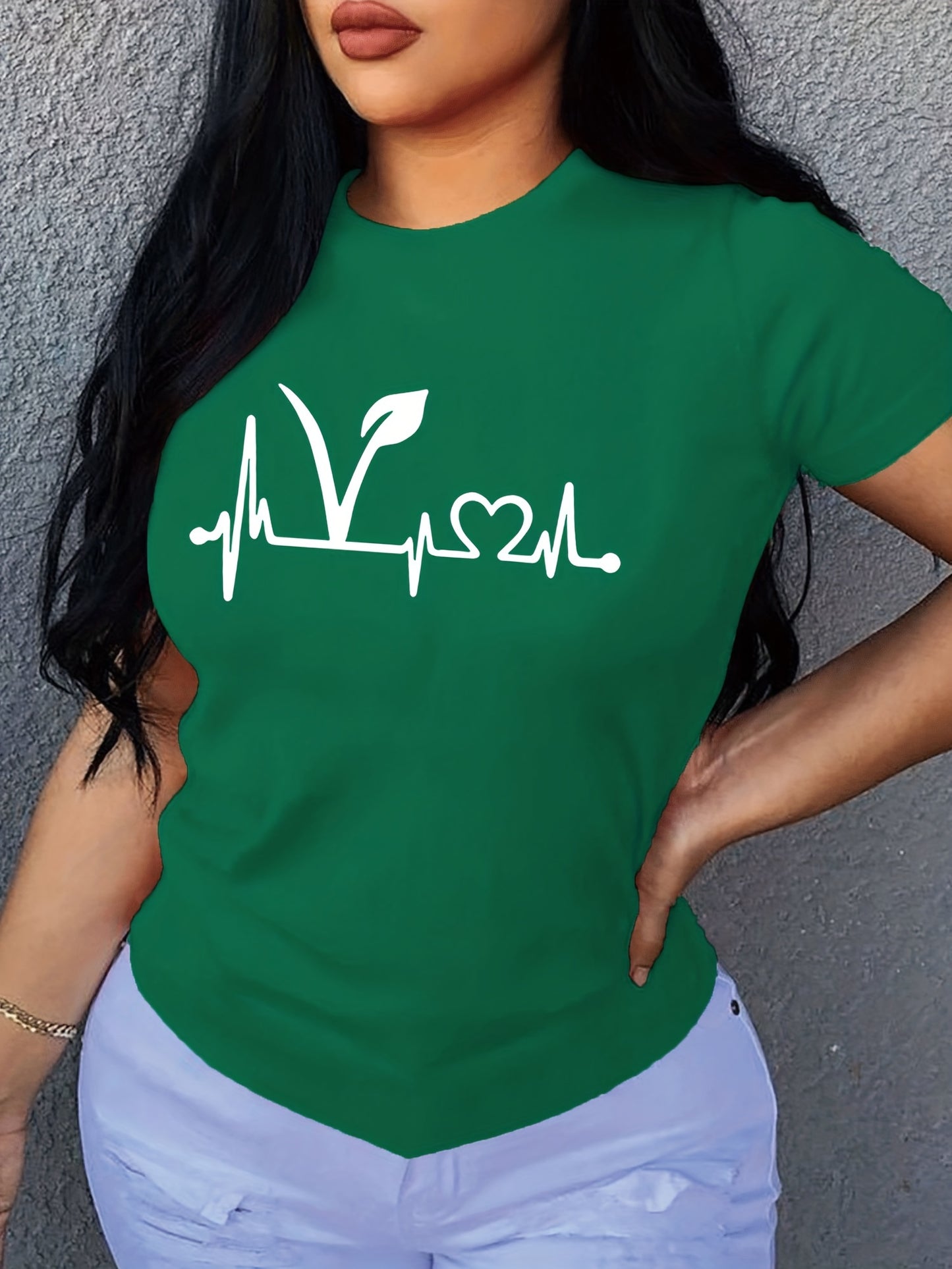 Plant Print Short Sleeve T-Shirt, Crew Neck Casual Top For Summer & Spring, Women's Clothing